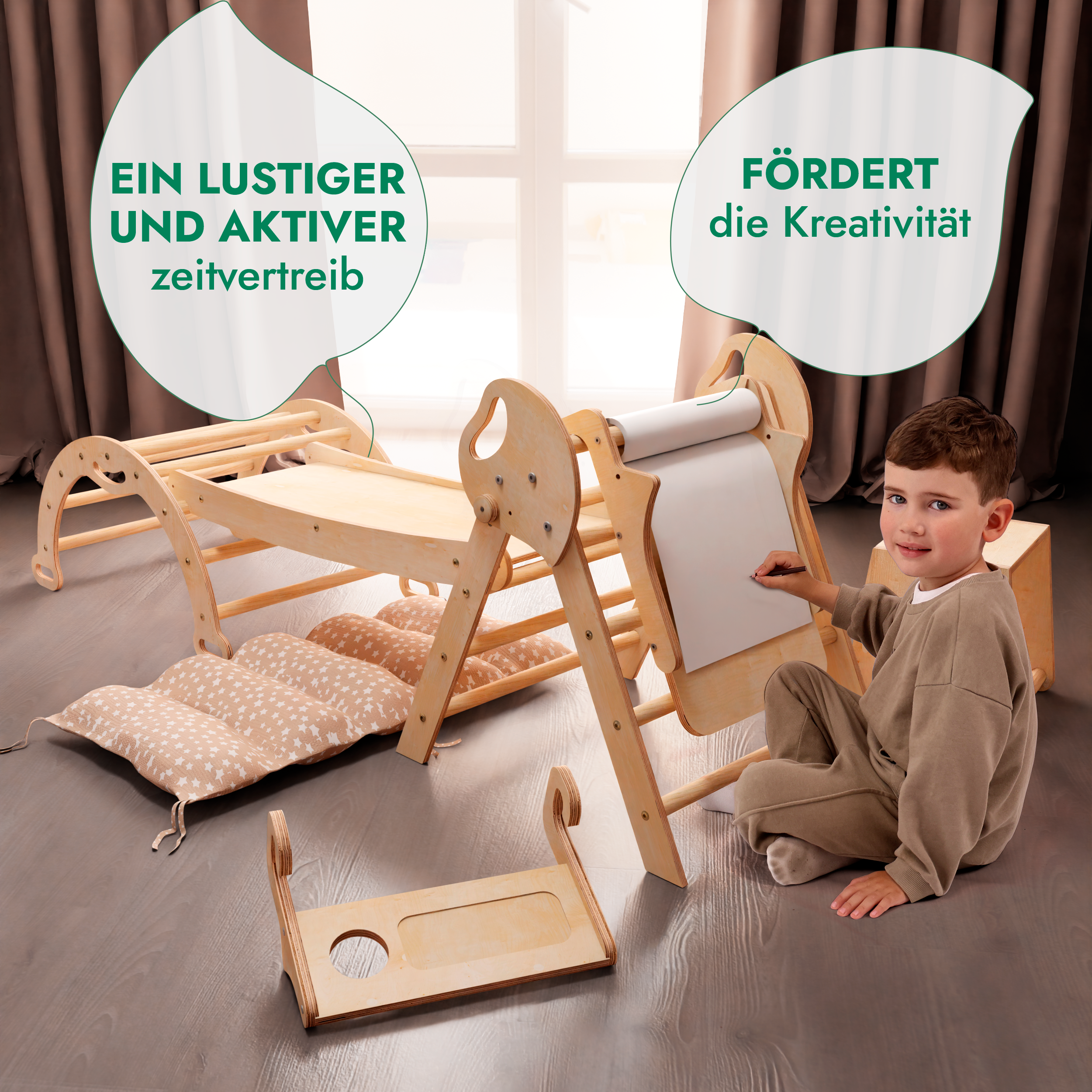 Montessori 5in1 Kletterdreieck für Babys: Pikler-Dreieck, Kletterbogen, Kunst-Erweiterung ,Rutschbrett und Kissen für Kleinkinder (1–3 Jahre)