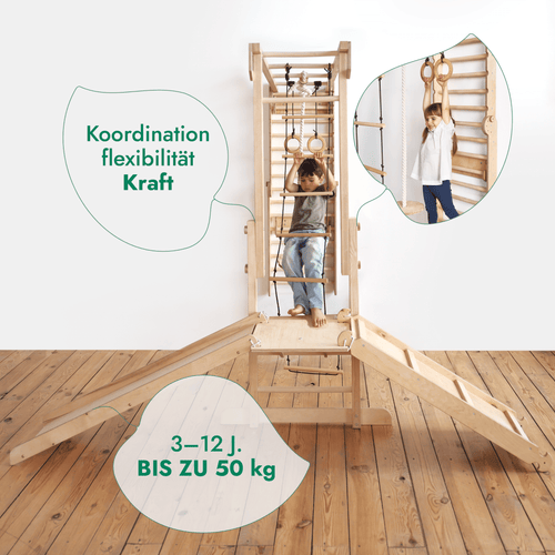 7-in-1 Dschungel-Spielset für Kinder: Sprossenwand + Kletterstange + Schaukelset + Rutsche + Kletterrampe