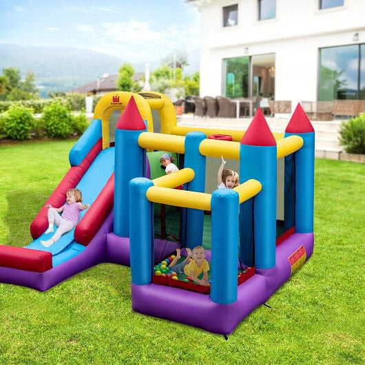 4-in-1 Kinder-Türsteher mit langer Rutsche und Sprungbereich für Hof und Rasen mit 680W Gebläse