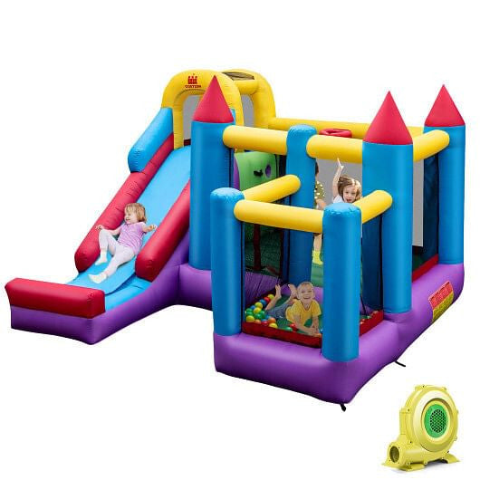 4-in-1 Kinder-Türsteher mit langer Rutsche und Sprungbereich für Hof und Rasen mit 680W Gebläse