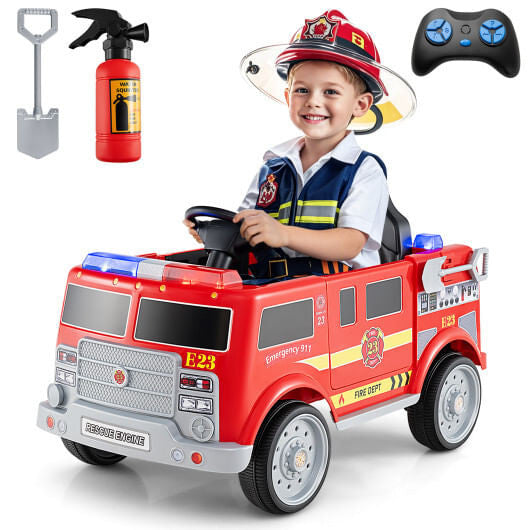 Kinder fahren auf Feuerwehrauto mit Fernbedienung und Feuerlöscher-Rot