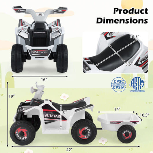 6V Kinder Elektrische ATV Quad Car mit abnehmbarem Anhänger-Weiß