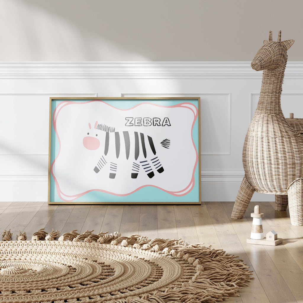 Poster Kinderzimmer Zebra · Tierposter mit schwarz-weißem Zebra im Skandi-Stil · Bunte Wanddeko für Kinder & Babys · Deko ohne Rahmen